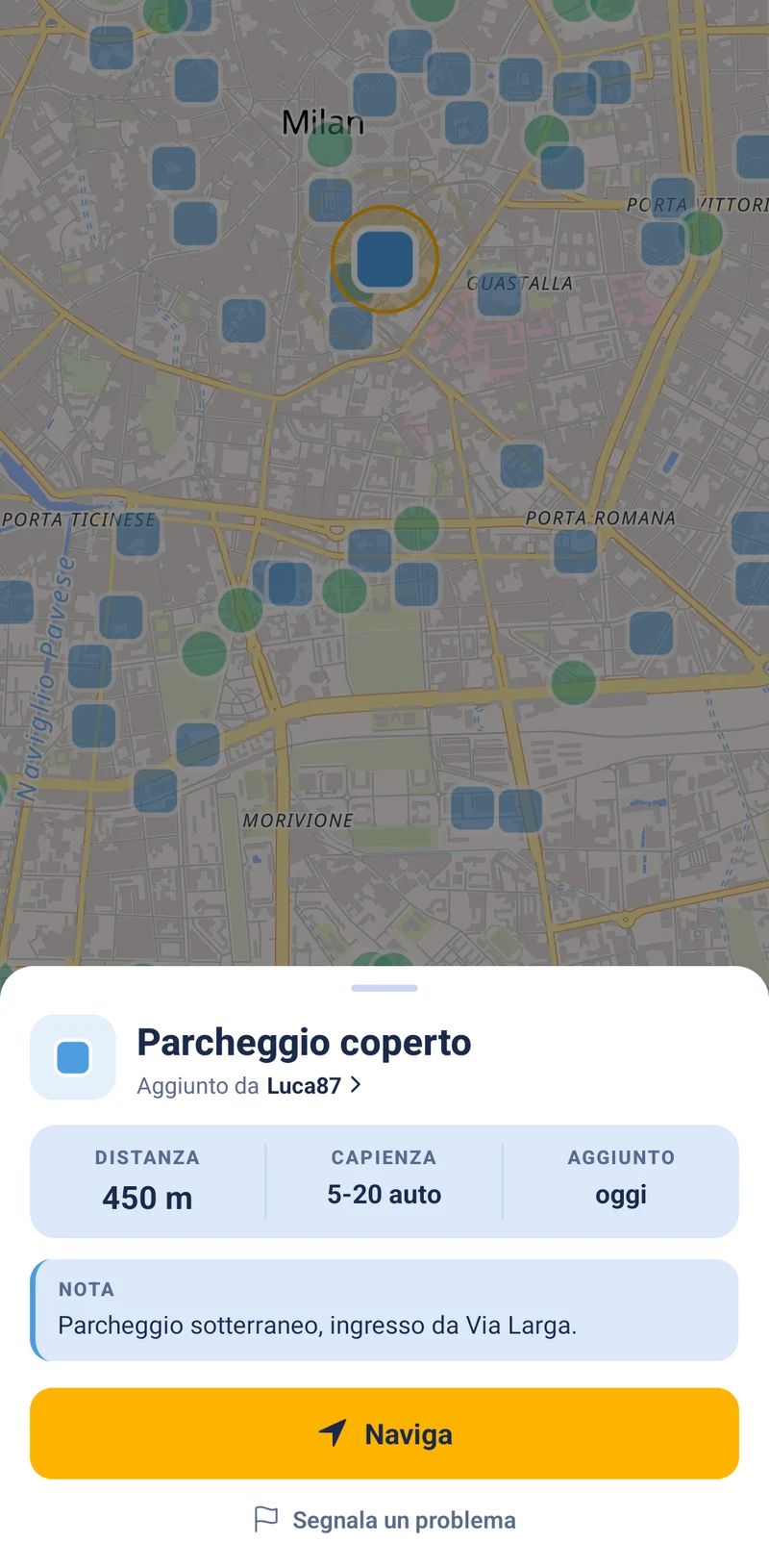 La scheda di un riparo aggiunto dalla community: distanza, capienza, nota e il pulsante Naviga.